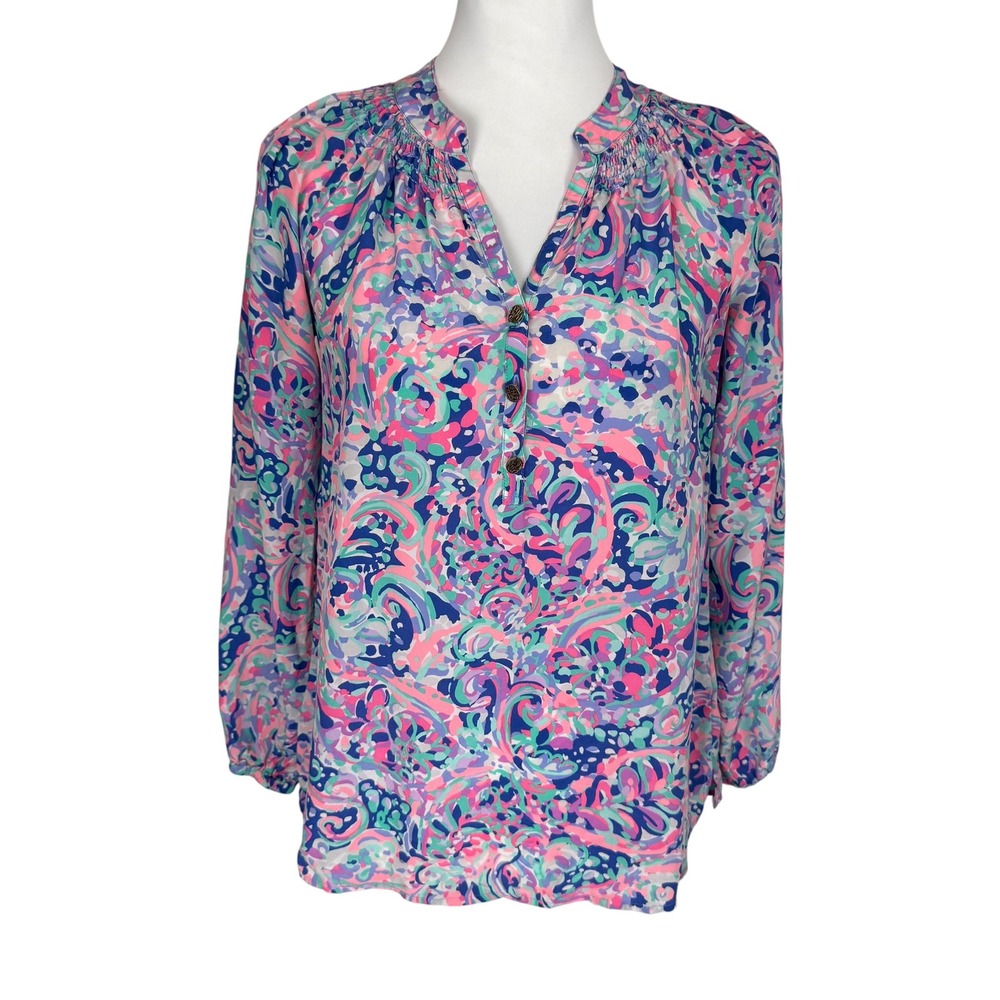 Lilly Pulitzer Elsa Top Womens XS Pink Blue Silk Long Sleeve Paisley Blouse